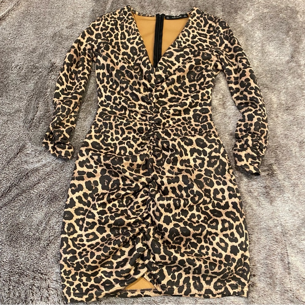 ZARA Ruched Leopard Print Bodycon Dress - Picture 2 of 14